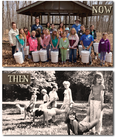 Top: Gibraltar scouts learn about composting from the Climate Change Coalition of Door County this past fall.

Below: Gibraltar Troop 369 at the starting line for a wheelbarrow race, circa 1987. Standing second from left is Land Trust Director of Charitable Giving Cinnamon Rossman. Standing second from right is current Gibraltar Girl Scout Co-Leader Sarah Martin.